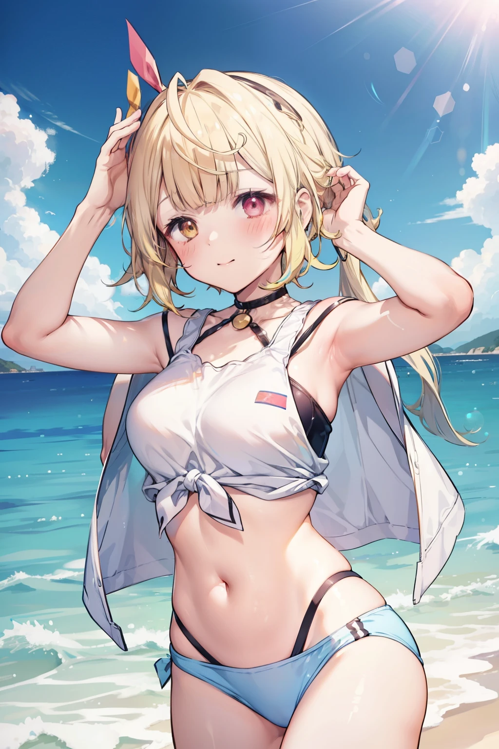 Hoshikawa Sara、Good looking girl (blush, Perfect Face), independent , Looking at the camera, masterpiece, Anime art style, Cute Characters, Most detailed, high quality、Nico Nico Smile、Swimwear、Coming to the sea、Showing armpits