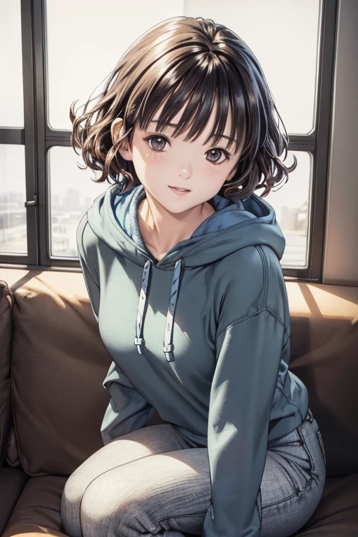 (8k、Photorealistic、Raw photo、highest quality: 1.3)、（real skin）,Beautiful expression、High Detail、超A high resolution、(1lady very short perm hair:1.5,black hair,make up:1.2)、Super Beauty、(True Face)、Captivate your audience、Beautiful breasts、Lover&#39;s point of view、Beautiful smile、attractiveSurreal、hanikami,((hoodie:1.2,brown),jeans,indigo)