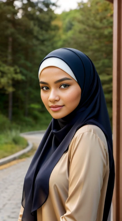 "A malay hijab girl, facial photo taken outdoors in sweden, It emphasizes realism in every detail of the image, especially in the eyes. This official art Unreal 8k wallpaper a very detailed, beautiful, aesthetic masterpiece and of the highest quality. The use of dynamic angles shows the elegance and romanticism of the image. This character has big breasts, ((small head:1.2)) ((big breast:1.1)) ((hijab))"