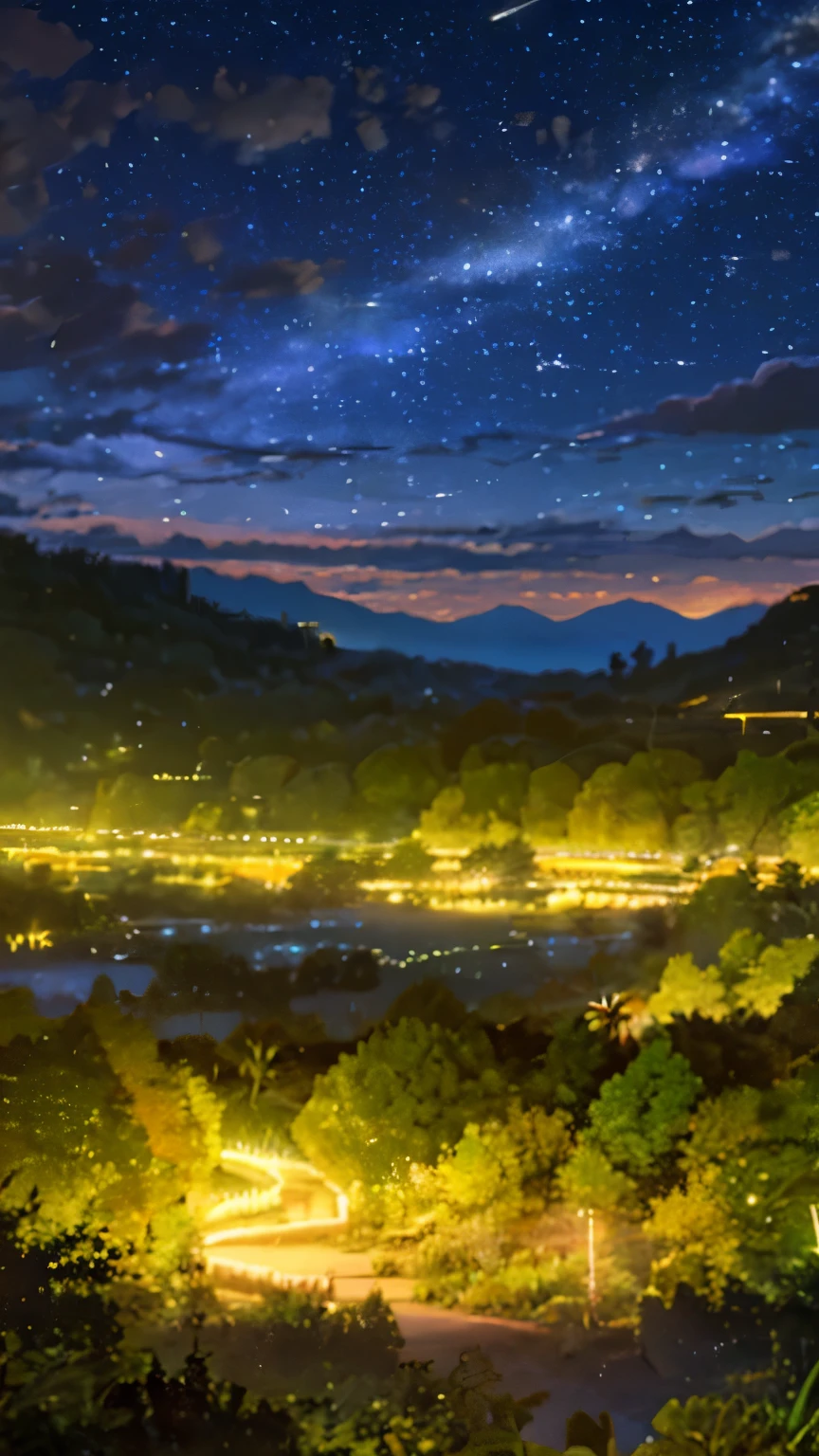 A vast desert landscape under a starry night sky, with the Milky Way galaxy stretching across the heavens.(brokeh effect) (fireflies)