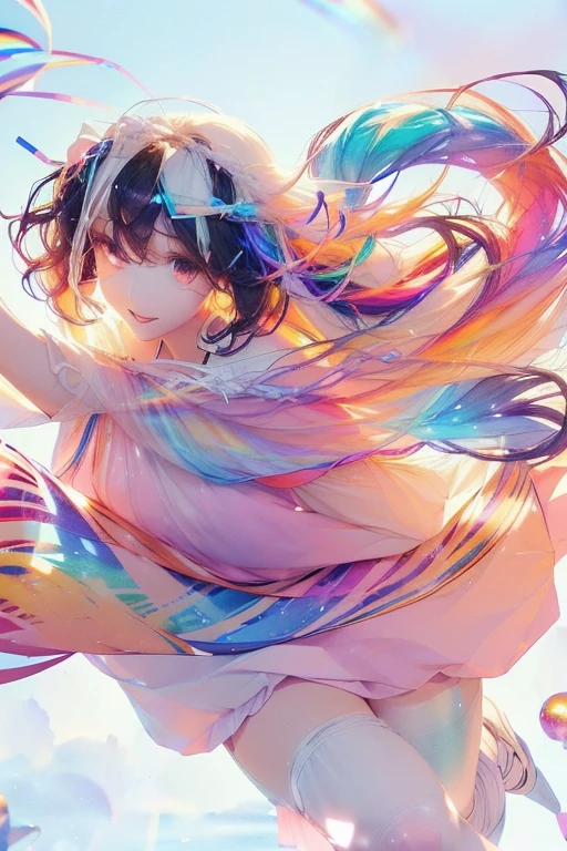 Fantasy, anime,Bright, (White background Plain white background:1.5),Girl,teenager,Full body view,(((Rainbowless:1.5, Colorful Dresses, pastel, Rainbow Colors, Colorful))),short hair,Curly hair,Black Hair,Spiky Tiara, smile, Perfect Arms, Perfect Fingers