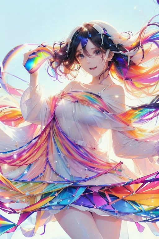 Fantasy, anime,Bright, (White background Plain white background:1.5),Girl,teenager,Full body view,(((Rainbowless:1.5, Colorful Dresses, pastel, Rainbow Colors, Colorful))),short hair,Curly hair,Black Hair,Spiky Tiara, smile, Perfect Arms, Perfect Fingers