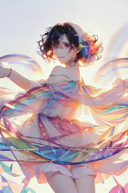 Fantasy, anime,Bright, (White background Plain white background:1.5),Girl,teenager,Full body view,(((Rainbowless:1.5, Colorful Dresses, pastel, Rainbow Colors, Colorful))),short hair,Curly hair,Black Hair,Spiky Tiara, smile, Perfect Arms, Perfect Fingers