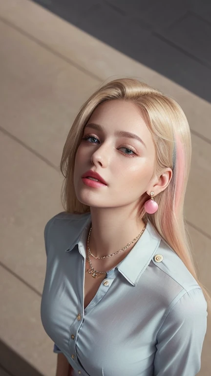 1 29 year old blonde woman with long hair posing for a picture, Beautiful blonde woman, beautiful blonde woman, (She is blushing and making a kissy face1.4), ((Her face is turned upwards:1.3)), Beautiful, well-cared for blonde, 8K Portrait, ((Front view of her from above:1.2)), Smooth blond woman, (Slim figure top model:1.2), breast enhancement, (Blonde Swedish woman), ((The blonde's eyebrows are raised and furrowed.:1.2)), ((Heavy breathing)), Glossy long blonde hair, ((She's droopy eyes and moist eyes slightly open)), ((she is looking up at the viewer from below:1.4)), ((Her thick plump and shiny lips half-open:1.5)), (Her upper body photo), (A person in the center left and right, The whole head is shown:1.3), (Pastel colored buttoned collared blouse:1.3), (A very simple necklace and very simple earrings), Perfect Makeup