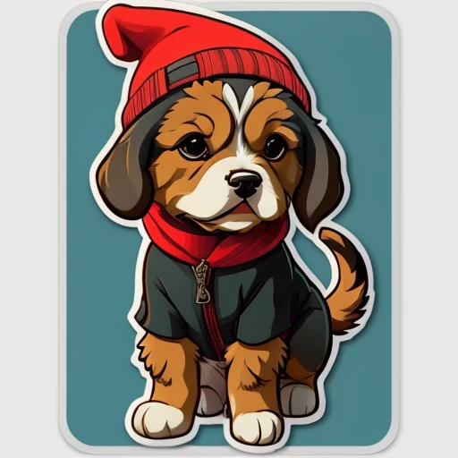 Sticker, cute cartoon of, Anime style, vectorize, Cute cartoon sticker of a dog in beanie and boots