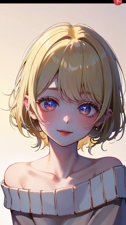 A light blush and a smile, (Masterpiece of the highest quality:1.2) Delicate illustrations, super detailed, /Beautiful Japanese Women、1 person,Very cute and slim、Outstanding style 、((8K images、super high quality))、Very delicate face, Skin and Hair、Red lipstick、short hair、straggling hair,(((((Gradient Hair、Blonde))))),Very cute Japanese cut face、Eyes and nose are clearly visible、Kind eyes,(((Off-the-shoulder sweater、Watching the audience)))、full body shot