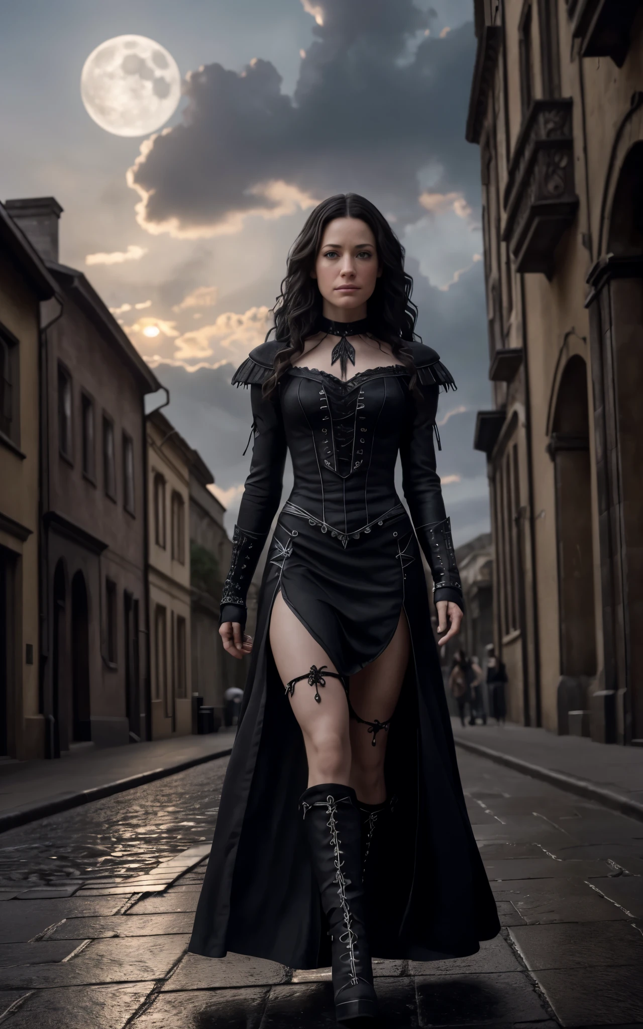 (Emmy Rossum:Evangeline Lilly) An ultra detailed, a beautiful goth girl with long straight hair in a short black dress is walking through a gothic city, moonlight, gothic fashion, dark fantasy style, hyper realistic, realism, digital art, cinematic, perfect contrast, high sharpness, depth of field, ultra detailed photography, global illumination, smooth, ultra high definition, 8k, unreal engine 5, ultra sharp focus, award winning photograph