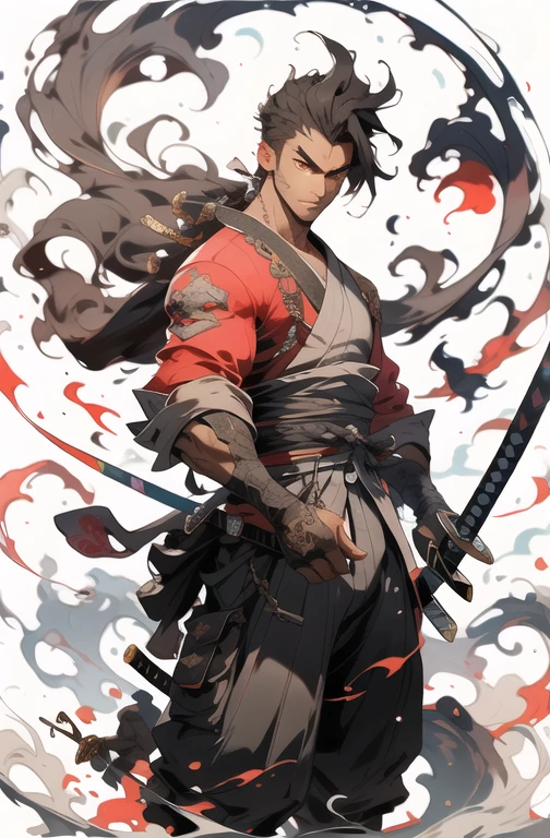 , arma, 1boy, black man, cabelo curto, foco masculino, espada, solo, roupa vermelha, roupas japonesas, segurando, segurando a arma, katana, segurando espada, bainha, , , mangas longas, , haori, , hakama, quimono, sheathed, corpo inteiro, fogo, em chamas em volta
,,