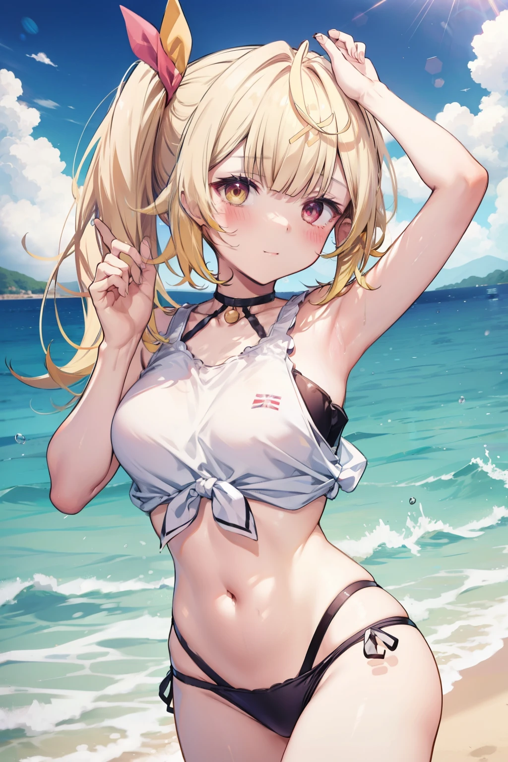 Hoshikawa Sara、Good looking girl (blush, Perfect Face), independent , Looking at the camera, masterpiece, Anime art style, Cute Characters, Most detailed, high quality、Nico Nico Smile、Swimwear、Coming to the sea、Showing armpits、Side Ponytail