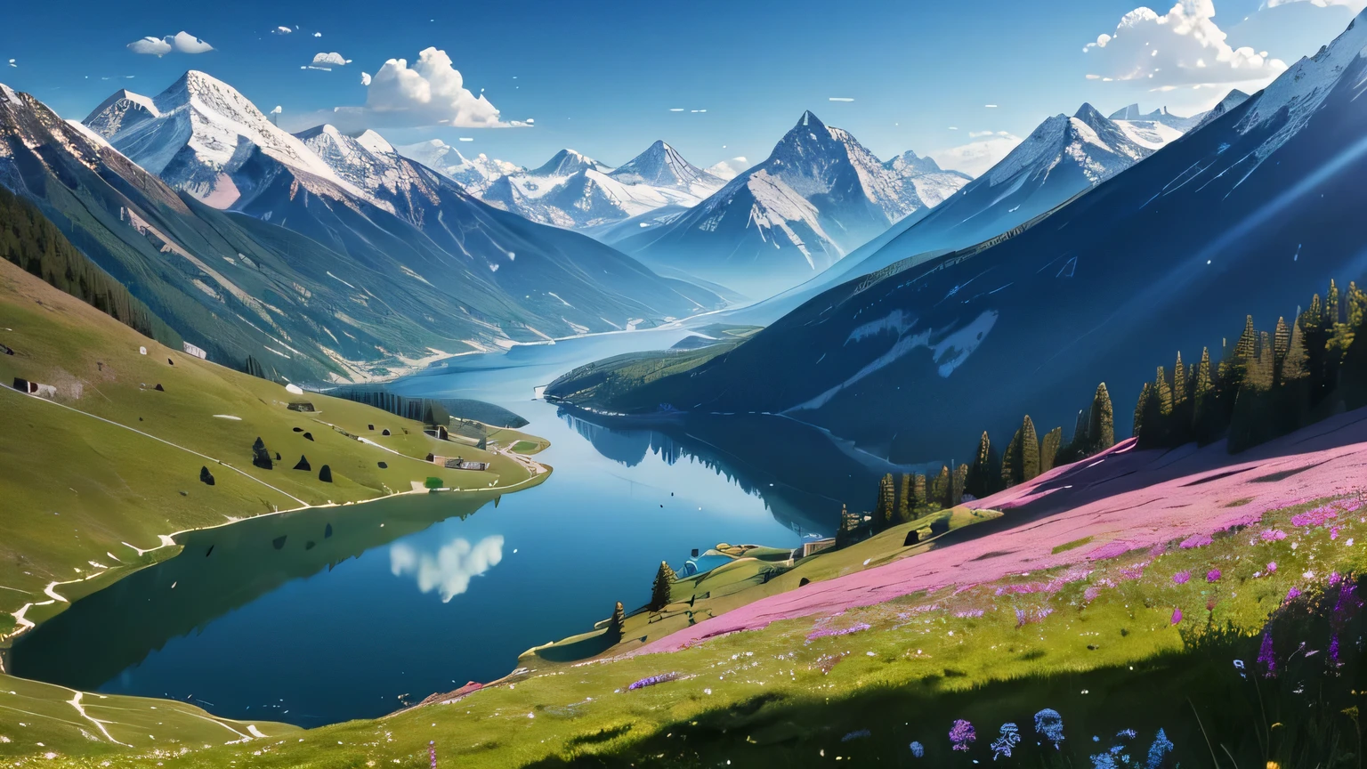 ((highest quality)), ((masterpiece)), (be familiar with), Mountainous Regions, sunny, Continuous mountain ranges, Meadow in the foreground, Large Lake