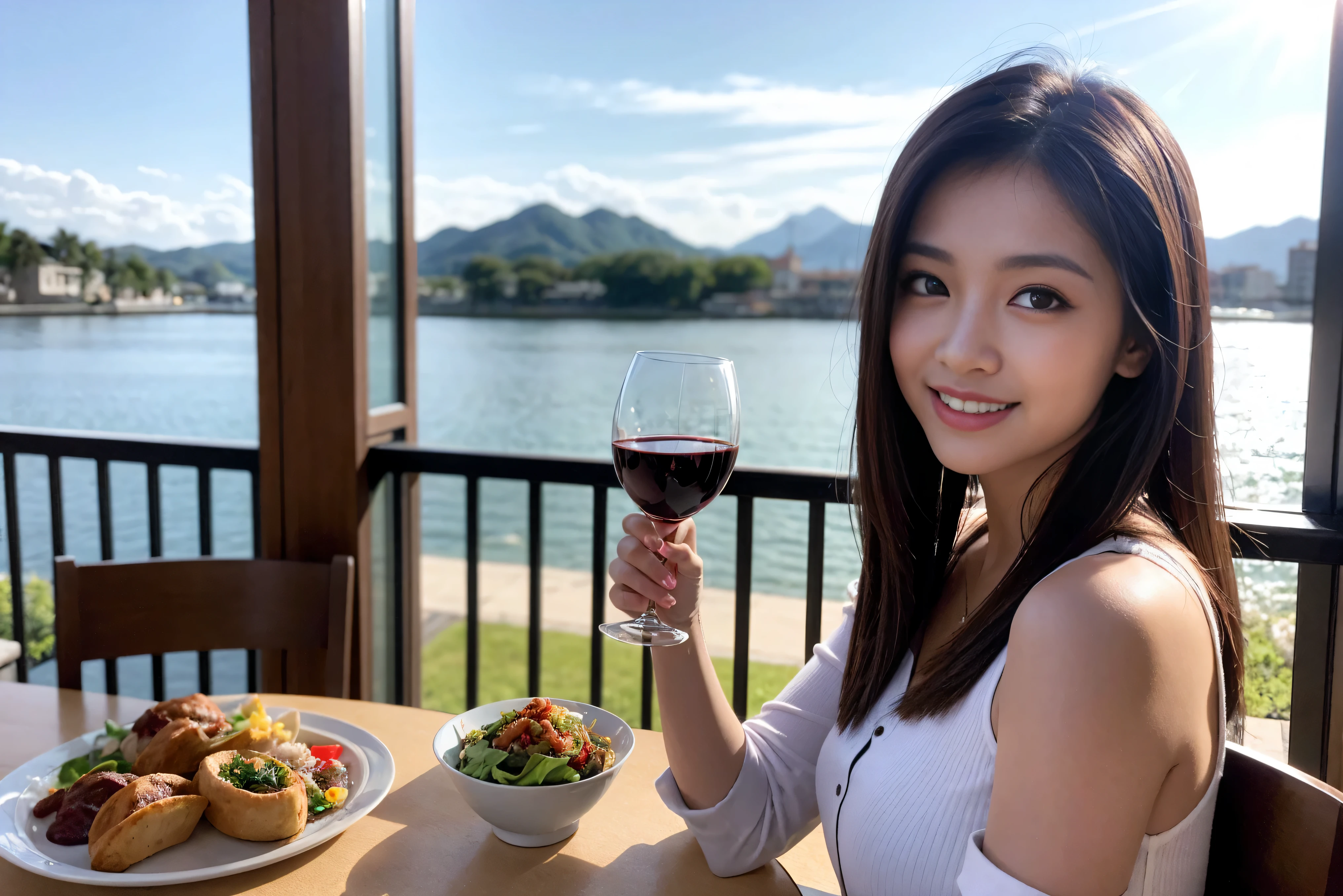 ((highest quality、8k、masterpiece:1.3))、Sharp focus:1.2、Beautiful woman perfect body:1.4、Slim body、((Bob Hale、Straight hair:1.2))、(to be born, highest quality, masterpiece:1.5), (Realistic, Intricate details:1.2), Ultra-high resolution, Put the light on your face、Spectacular view of the sunset sky and clouds、Amazing mountain views、A bright smile、wine glass、red wine 、Appetizer、Italian food、Wine bottle、Champagne、sparkling wine、, Beautiful Face, blue eyes, The light shines on your face, Blushing, short hair,Bright Face、Fox face、 (36 years old), 39 years old, Lady、Two beauties、brown hair、Shortcuts、Long sleeve shirt、dress、Pretty Woman 1, (slim face), (The body is slim), (brown hair), (Shortcuts), cheeks turn a little red,Attractive beauty、, Out of the window, A beautiful and detailed night view unfolds.........., restaurant, In a prominent place (From the waist up) Nova Frog Style, actress, model, Upper Body, White wine, slim, wine glass, A wine glass placed in the middle, smile, (smile: 1.15), Beautiful fine grain, Depth f/2,saturation, High Contrast, Strong light and shadow,Moist Body:1.5、3D texture、Delicate eyes、brown hair、The hair is very shiny、