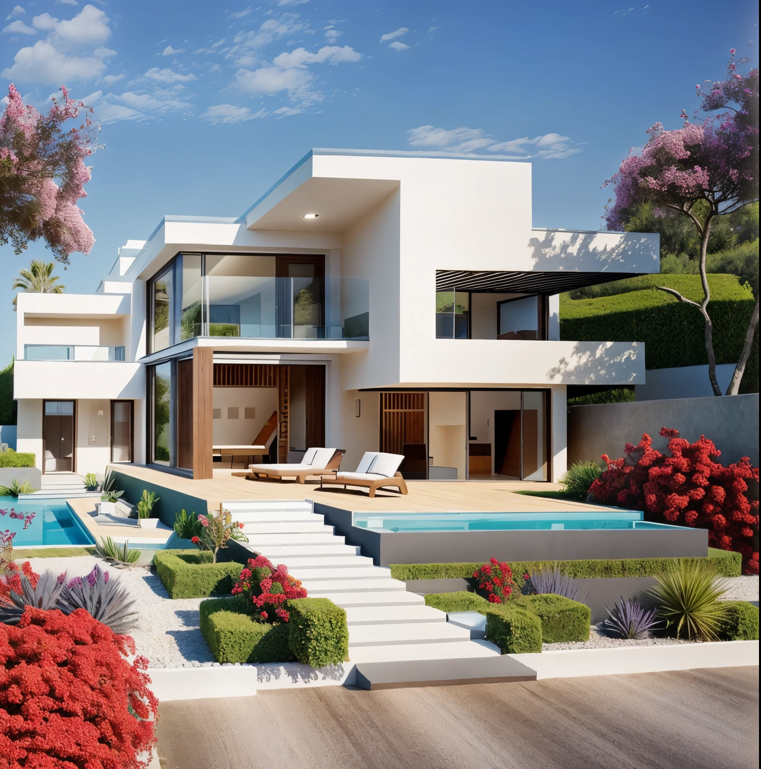 1 nsantorini style house, The town house is e from white walls, beautyful light, beautyfulday, sunny, Many red bougainvilleas along the road:1.3, lovely youthful feeling :1.2, sunlight at 12 noon, Very beautiful shadows