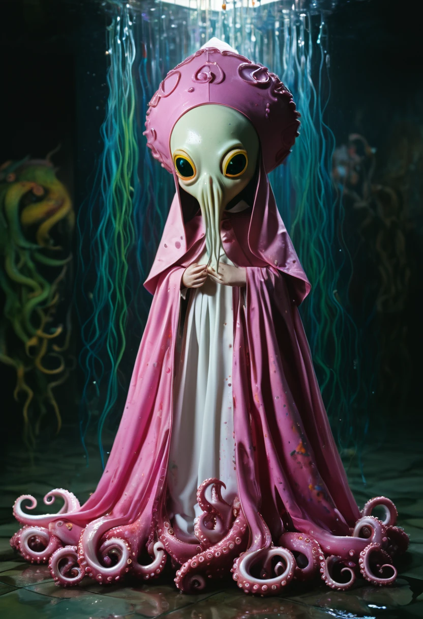 8K, ARTISTIC photogrAphy, best quAlity, mAsterpiece: 1.2), A (potrAit:1.2) witch BLOOD Toon Doll Cthulhu nun QUEEN, EYES, PINK many octopus style tentacles, full body RAW candid cinema, yellow hair, 16mm, color graded portra 400 film, remarkable color, ultra realistic, sad admosphere, dark lighting, oppressive atmosphere, depressive colors, kodak portra 400, photograph,r, Natural Light, Pinhead lighgts, blur reflection, Brush Strokes, Smooth, abstract, Splatter, Oil On Canvas, rainbow colors, fractal isometrics details bioluminescens : a stunning realistic photograph of wet bone structure, 3d render, octane render, intricately detailed, titanium decorative headdress, cinematic, trending on artstation | Isometric | Centered