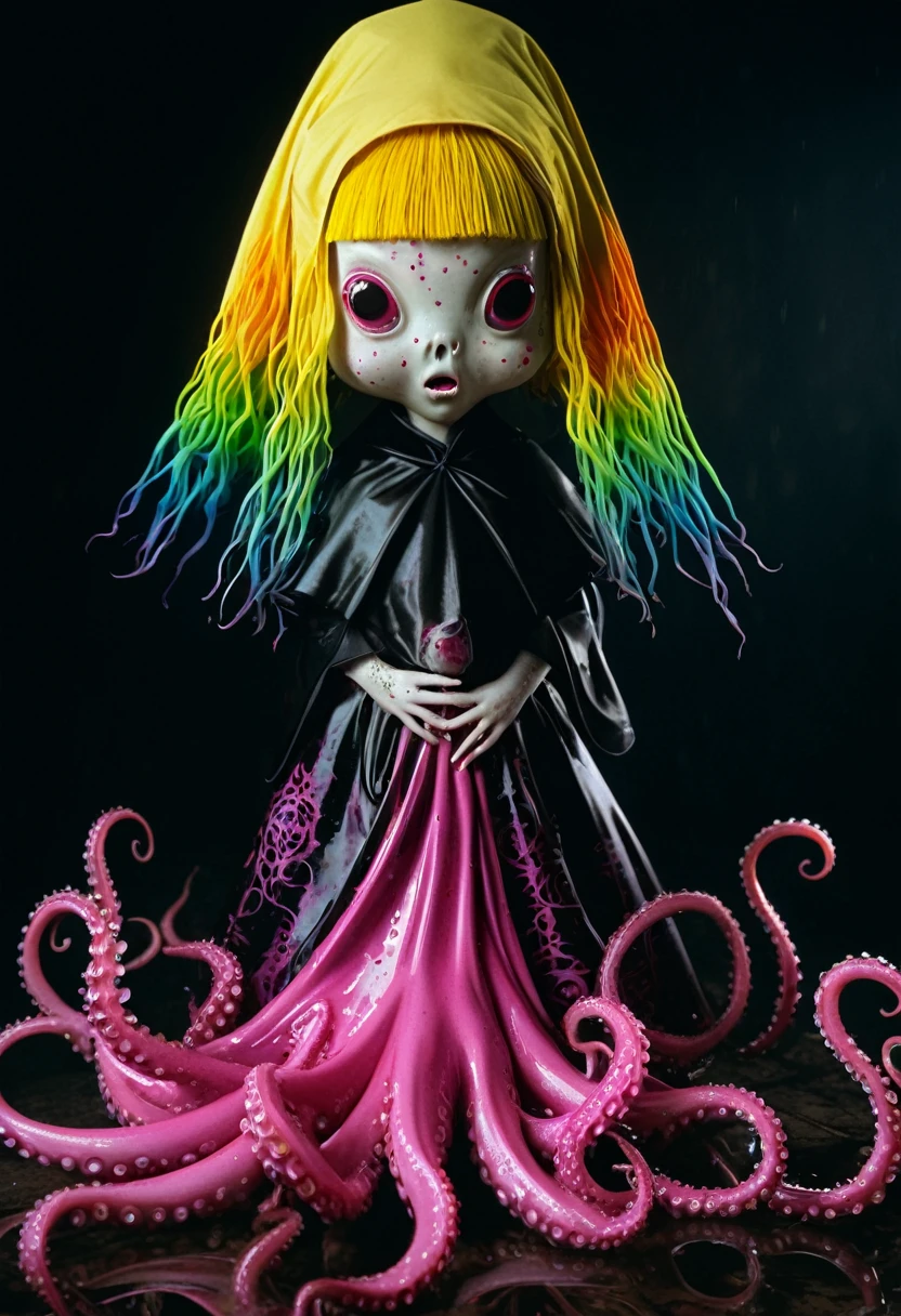 8K, ARTISTIC photogrAphy, best quAlity, mAsterpiece: 1.2), A (potrAit:1.2) witch BLOOD Toon Doll Cthulhu nun QUEEN, EYES, PINK many octopus style tentacles, full body RAW candid cinema, yellow hair, 16mm, color graded portra 400 film, remarkable color, ultra realistic, sad admosphere, dark lighting, oppressive atmosphere, depressive colors, kodak portra 400, photograph,r, Natural Light, Pinhead lighgts, blur reflection, Brush Strokes, Smooth, abstract, Splatter, Oil On Canvas, rainbow colors, fractal isometrics details bioluminescens : a stunning realistic photograph of wet bone structure, 3d render, octane render, intricately detailed, titanium decorative headdress, cinematic, trending on artstation | Isometric | Centered