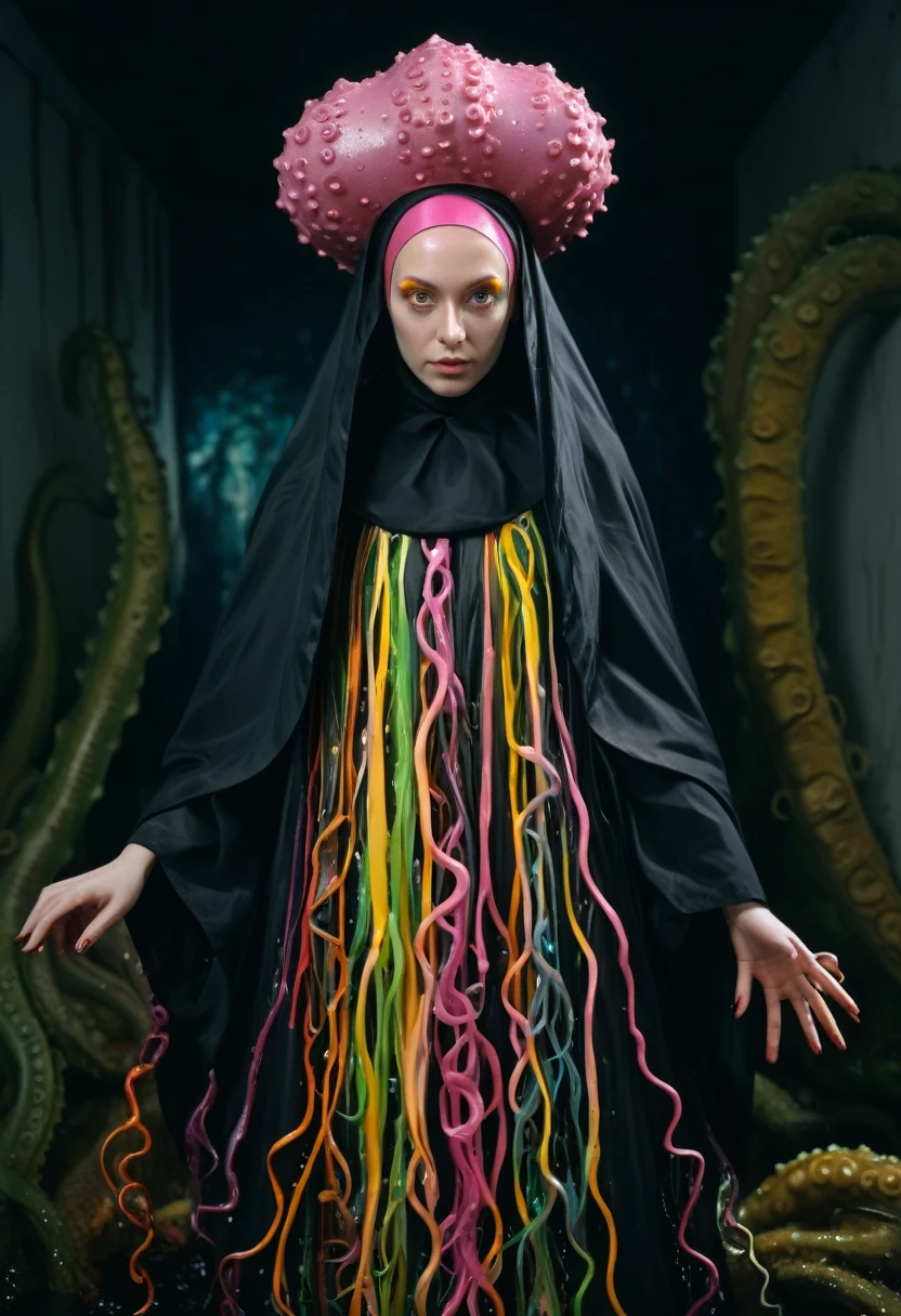 8K, ARTISTIC photogrAphy, best quAlity, mAsterpiece: 1.2), A (potrAit:1.2) witch BLOOD Toon Doll Cthulhu nun QUEEN, EYES, PINK many octopus style tentacles, full body RAW candid cinema, yellow hair, 16mm, color graded portra 400 film, remarkable color, ultra realistic, sad admosphere, dark lighting, oppressive atmosphere, depressive colors, kodak portra 400, photograph,r, Natural Light, Pinhead lighgts, blur reflection, Brush Strokes, Smooth, abstract, Splatter, Oil On Canvas, rainbow colors, fractal isometrics details bioluminescens : a stunning realistic photograph of wet bone structure, 3d render, octane render, intricately detailed, titanium decorative headdress, cinematic, trending on artstation | Isometric | Centered
