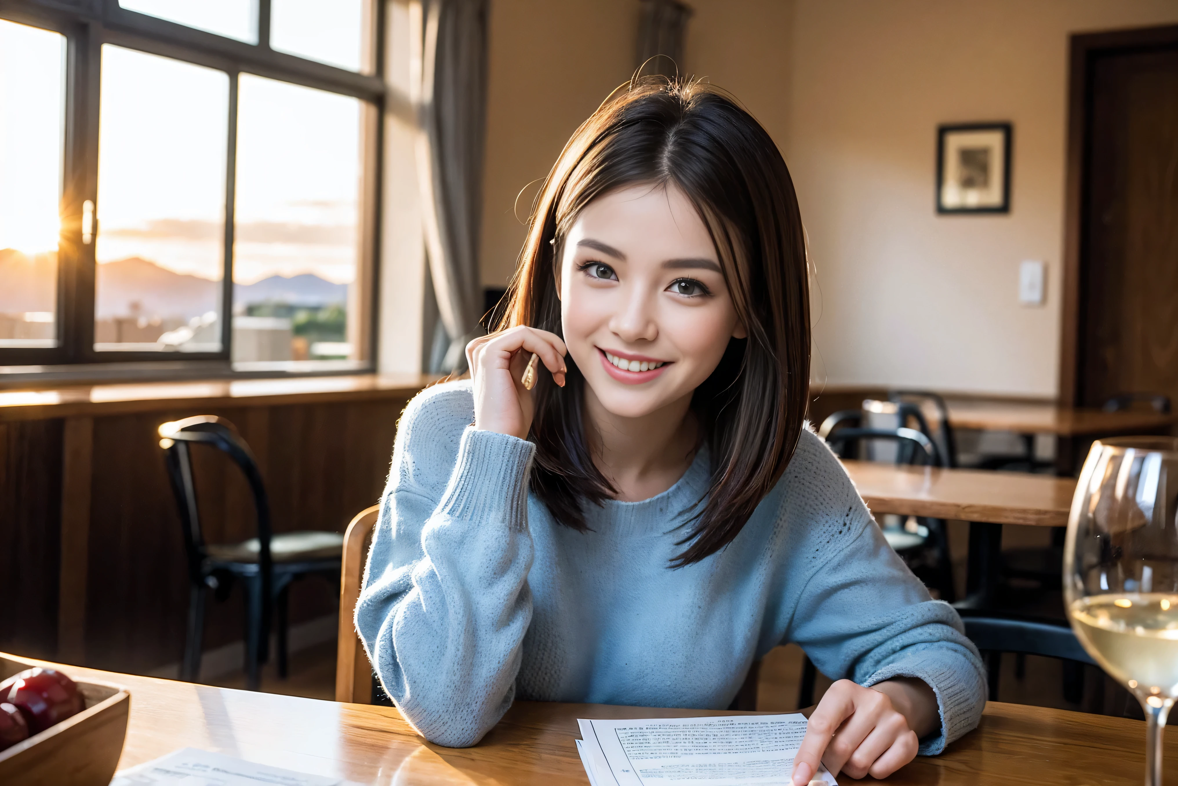 ((highest quality、8k、masterpiece:1.3))、Sharp focus:1.2、Beautiful woman perfect body:1.4、Slim body、((Bob Hale、Straight hair:1.2))、(to be born, highest quality, masterpiece:1.5), (Realistic, Intricate details:1.2), Ultra-high resolution, shine a light on your face、Spectacular view of the sunset sky and clouds、Amazing mountain views、A bright smile、wine glass、red wine 、Appetizer、Italian food、Wine bottle、Champagne、sparkling wine、, Beautiful Face, blue eyes, The light shines on your face, Blushing, short hair,Bright Face、Fox face、 (42 years old), 40 years old, Lady、Two beauties、brown hair、Shortcuts、Long sleeve shirt、dress、Pretty Woman 1, (slim face), (The body is slim), (brown hair), (Shortcuts), cheeks turn a little red,Attractive beauty、, Out of the window, A beautiful and detailed night view unfolds.........., restaurant, In a prominent place (From the waist up) Nova Frog Style, actress, model, Upper Body, White wine, slim, wine glass, A wine glass placed in the middle, smile, (smile: 1.15), Beautiful fine grain, Depth f/2,saturation, High Contrast, Strong light and shadow,Moist Body:1.5、3D texture、Delicate eyes、brown hair、The hair is very shiny、