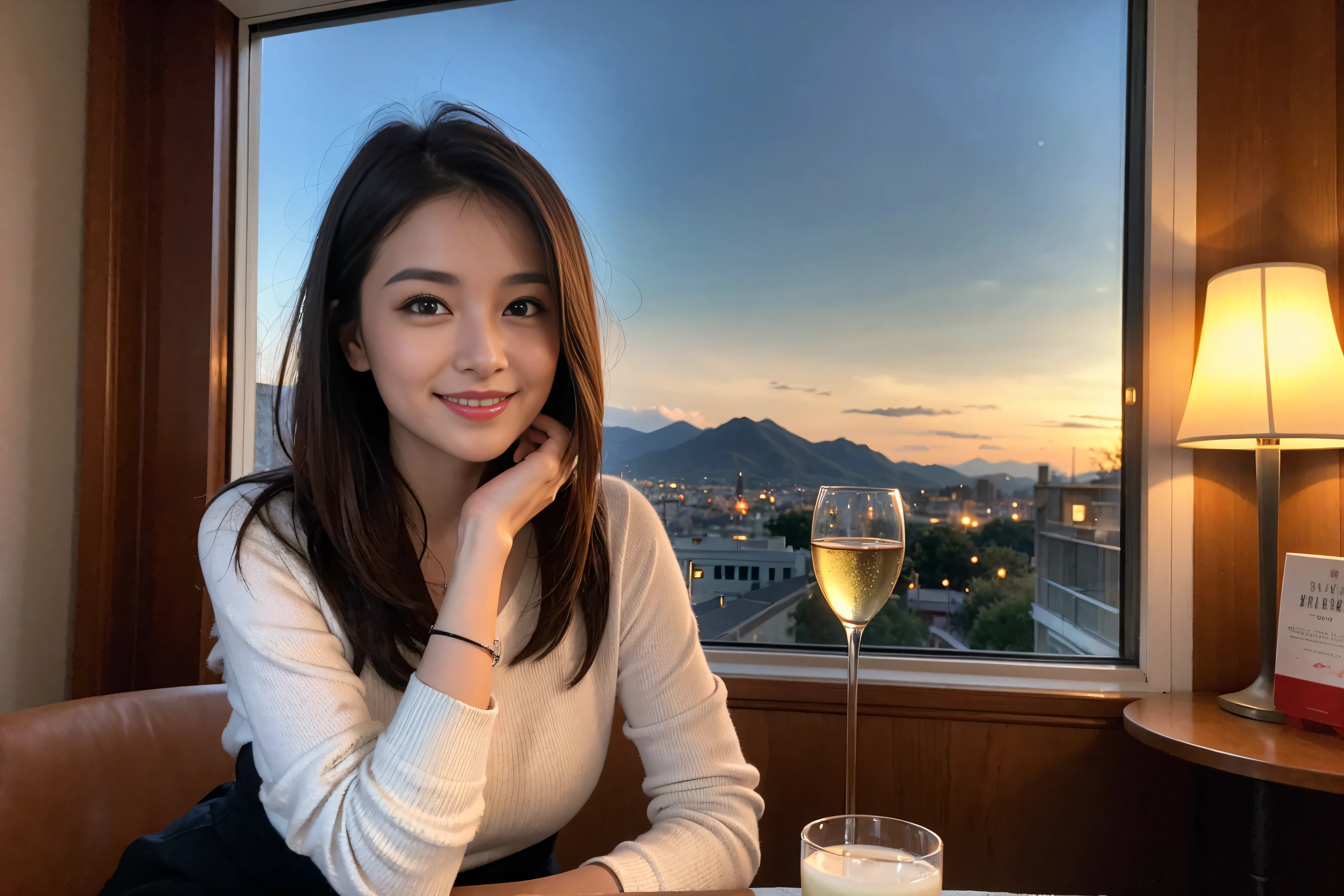 ((highest quality、8k、masterpiece:1.3))、Sharp focus:1.2、Beautiful woman perfect body:1.4、Slim body、((Bob Hale、Straight hair:1.2))、(to be born, highest quality, masterpiece:1.5), (Realistic, Intricate details:1.2), Ultra-high resolution, shine a light on your face、Spectacular view of the sunset sky and clouds、Amazing mountain views、A bright smile、wine glass、red wine 、Appetizer、Italian food、Wine bottle、Champagne、sparkling wine、, Beautiful Face, blue eyes, The light shines on your face, Blushing, short hair,Bright Face、Fox face、 (42 years old), 40 years old, Lady、Two beauties、brown hair、Shortcuts、Long sleeve shirt、dress、Pretty Woman 1, (slim face), (The body is slim), (brown hair), (Shortcuts), cheeks turn a little red,Attractive beauty、, Out of the window, A beautiful and detailed night view unfolds.........., restaurant, In a prominent place (From the waist up) Nova Frog Style, actress, model, Upper Body, White wine, slim, wine glass, A wine glass placed in the middle, smile, (smile: 1.15), Beautiful fine grain, Depth f/2,saturation, High Contrast, Strong light and shadow,Moist Body:1.5、3D texture、Delicate eyes、brown hair、The hair is very shiny、