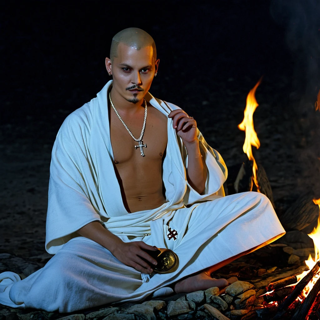 (extreme complexity)(two subjects)A flamboyant vampire greatly resembling Johnny Depp looks bored, (a young (25), bald, European monk, athletic, dressed in a white robe with platinum trim and a holy symbol of Bahamut) is explaining a moral lesson by a camp fire at night