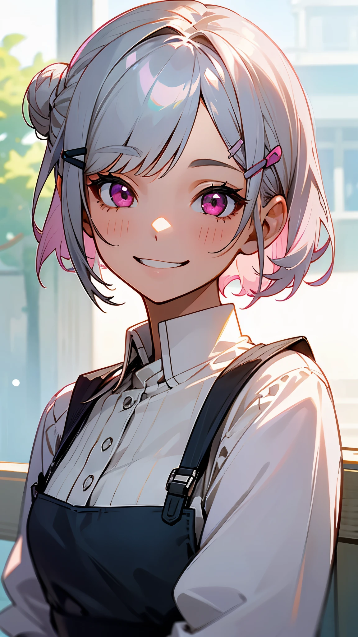 １girl、Short silver bob hair tied in a bun with a hair clip, Pink Eyes、Grin、Upper body close-up、Morning Cafe Terrace、Background blur, The depth of the drawn boundaries