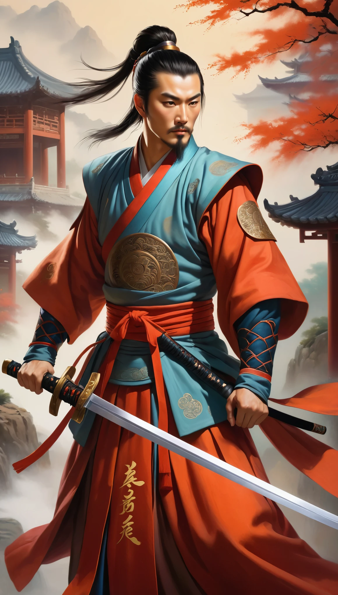(chinese ancient swordsman:1.1),(chinese ancient sword:1.1),oil painting,ancient warrior,skilled swordsman,wise and noble appearance,flowing robes,serene expression,detailed facial features,classic backdrop,subtle lighting,colorful details,authentic costume,traditional weapon,masterpiece:1.2,portraits,vivid colors,sharp focus