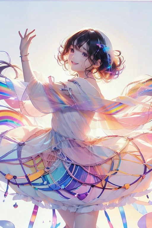 Fantasy, anime,Bright, (White background Plain white background:1.5),Girl,teenager,Full body view,(((Rainbowless:1.5, Colorful Dresses, pastel, Rainbow Colors, Colorful))),short hair,Curly hair,Black Hair,Spiky Tiara, smile, Perfect Arms, Perfect Fingers