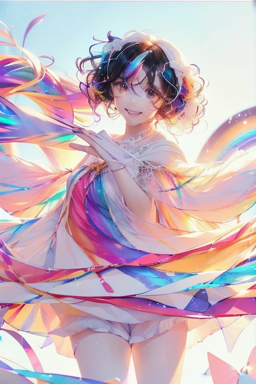 Fantasy, anime,Bright, (White background Plain white background:1.5),Girl,ager,Full body view,(((Rainbowless:1.5, Colorful Dresses, pastel, Rainbow Colors, Colorful))),short hair,Curly hair,Black Hair,Spiky Tiara, smile, Perfect Arms, Perfect Fingers