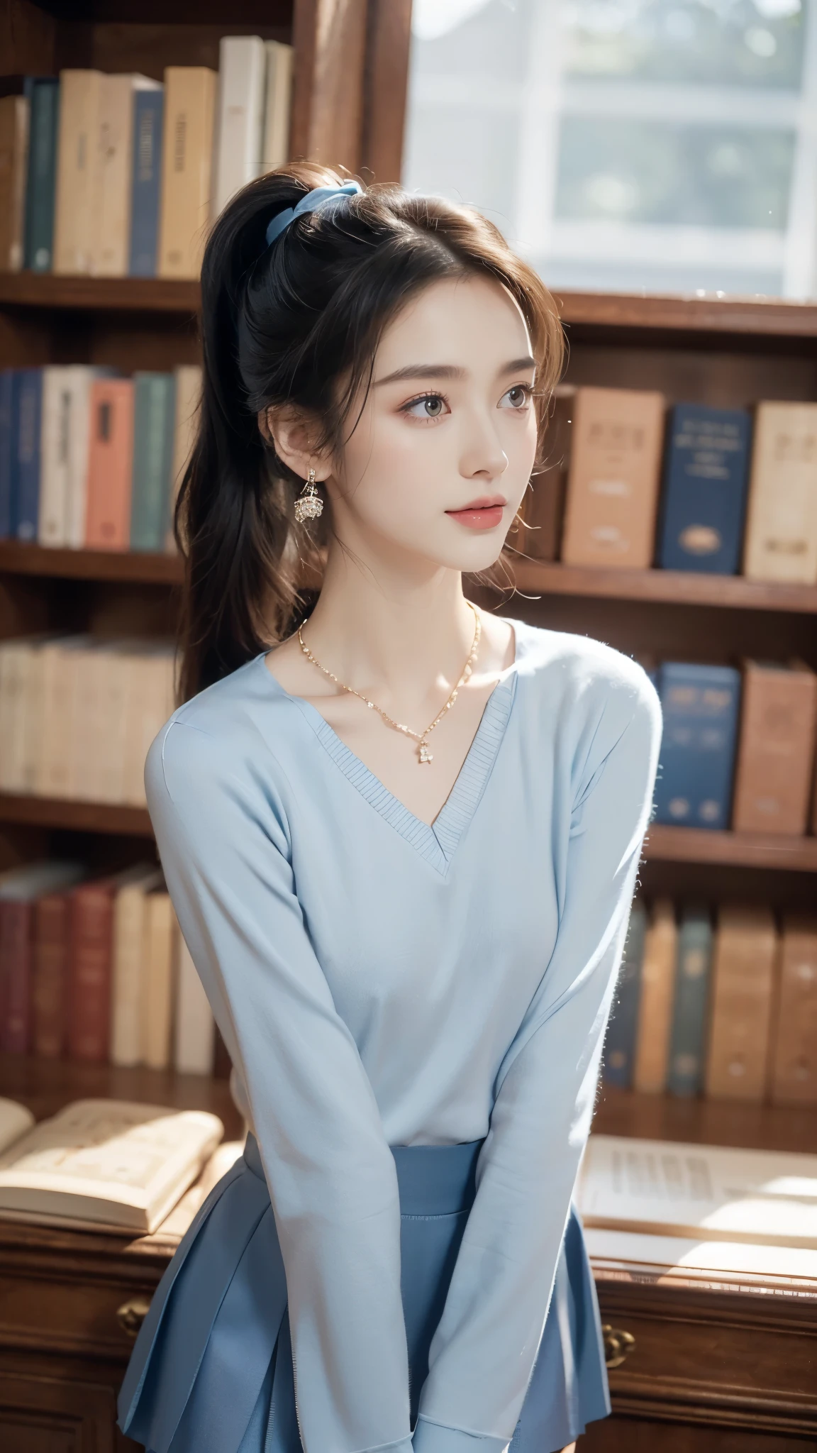 ((((8k))),((Extremely meticulous CG)) ,(wallpaper),16k,((Extremely refined and beautiful)),(((Masterpiece))),(((best qualtiy))),(((Ultra High Resolution))),beautiful light up,realistic shaded,(Smooth and flawless fair skin:1.5),(pale skin:1.3),(Extremely exquisite facial details:1.2),(perfect body:1.1),(ultra-detailed:1.5),((A beautiful girl,solo)),(small head:1.2),(short ponytail:1.3),(slender face:1.3),(Exquisite makeup:1.2),(blush:1.3),(earings:1.2),(necklace:1.2),(small breasts:1.2),(flat chests:1.2),((slim,thin)),(laughing:1.2),(happy:1.2),(light-blue collared shirt:1.3),(sleeves:1.2),(dark-blue mini skirt:1.3),(slender legs:1.3),(stockings:1.5),(loafers:1.2),(day scene:1.2),(dim light:1.3),(indoor:1.2),(in the library:1.3),(Beside a bookshelf filled with books:1.2),(detailed background:1.5),(standing:1.3),(arms behind back:1.3),(upper body:1.3),(from front:1.3)