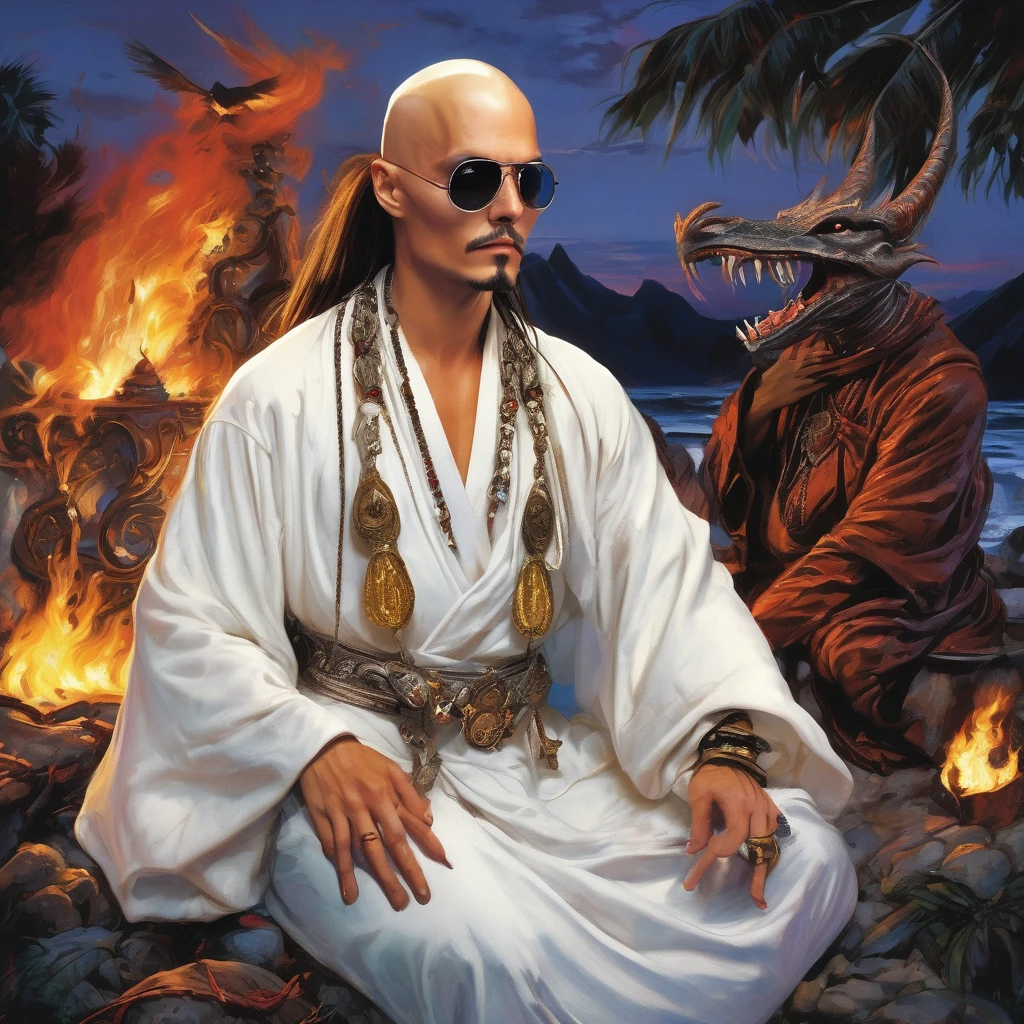 (extreme complexity)(two subjects)A flamboyant vampire greatly resembling Johnny Depp looks bored, (a young (25), bald, European monk, athletic, dressed in a white robe with platinum trim and a holy symbol of Bahamut) is explaining a moral lesson by a camp fire at night