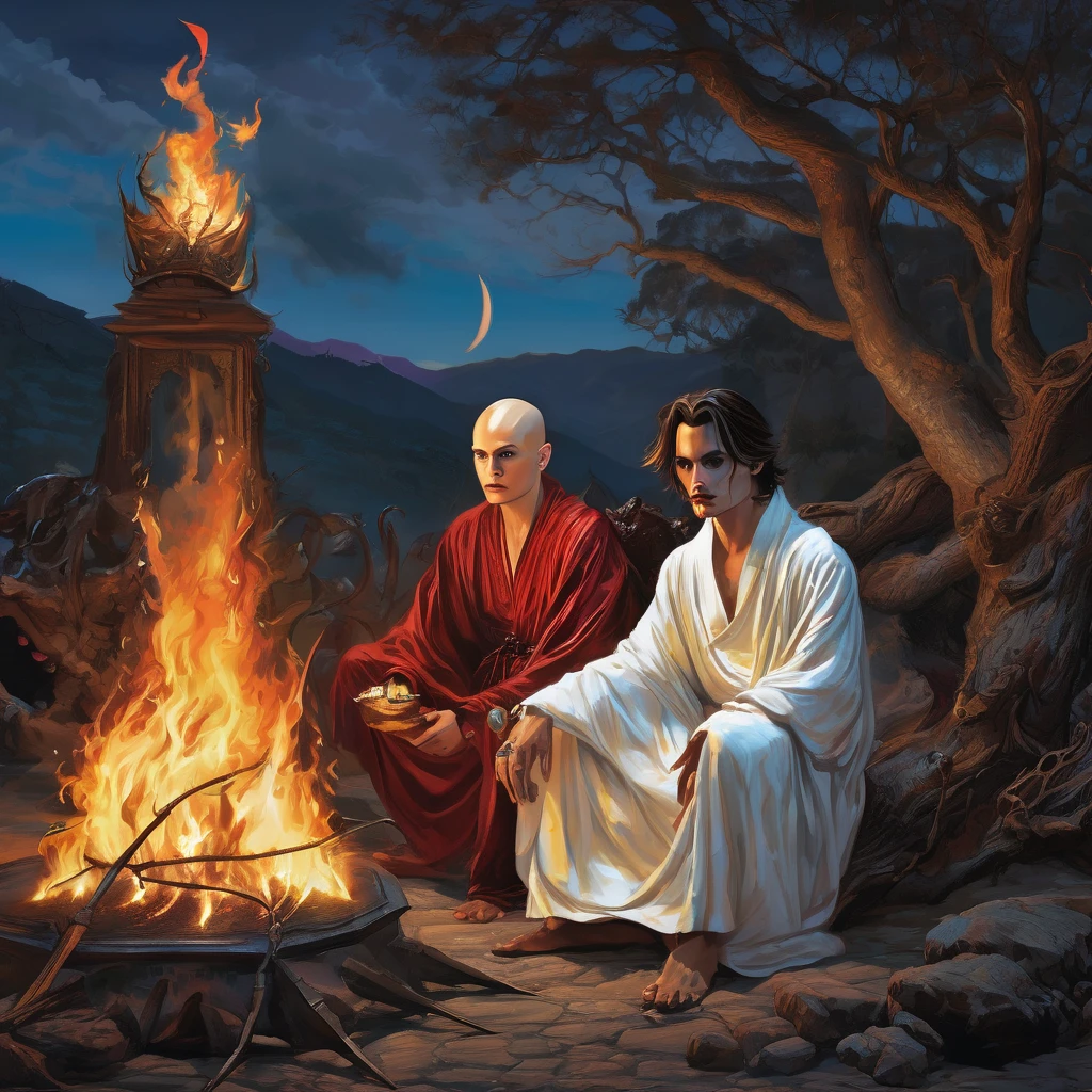 (extreme complexity)(two subjects)A flamboyant vampire greatly resembling Johnny Depp looks bored, (a young (25), bald, European monk, athletic, dressed in a white robe with platinum trim and a holy symbol of Bahamut) is explaining a moral lesson by a camp fire at night