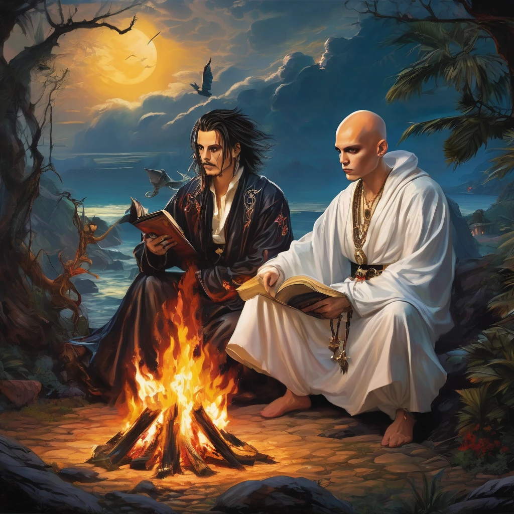 (extreme complexity)(two subjects)A flamboyant vampire greatly resembling Johnny Depp looks bored, (a young (25), bald, European monk, athletic, dressed in a white robe with platinum trim and a holy symbol of Bahamut) is explaining a moral lesson by a camp fire at night