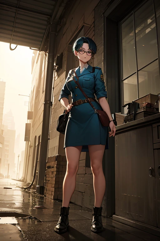 Wide angle, full body image, a pretty girl messenger, wearing large glasses, undercut hair, wearing postal uniform, in a post-apocalyptic world