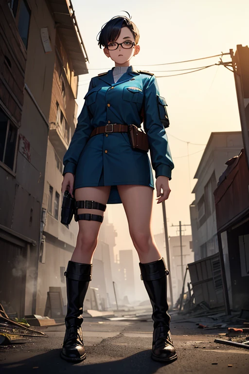 Wide angle, full body image, a pretty girl messenger, wearing large glasses, undercut hair, wearing postal uniform, in a post-apocalyptic world