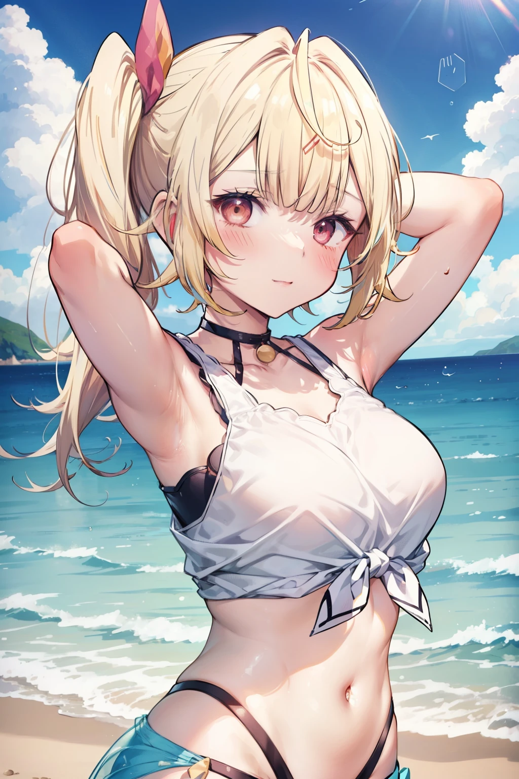 Hoshikawa Sara、Good looking girl (blush, Perfect Face), independent , Looking at the camera, masterpiece, Anime art style, Cute Characters, Most detailed, high quality、Nico Nico Smile、Swimwear、Coming to the sea、Showing armpits、Side Ponytail