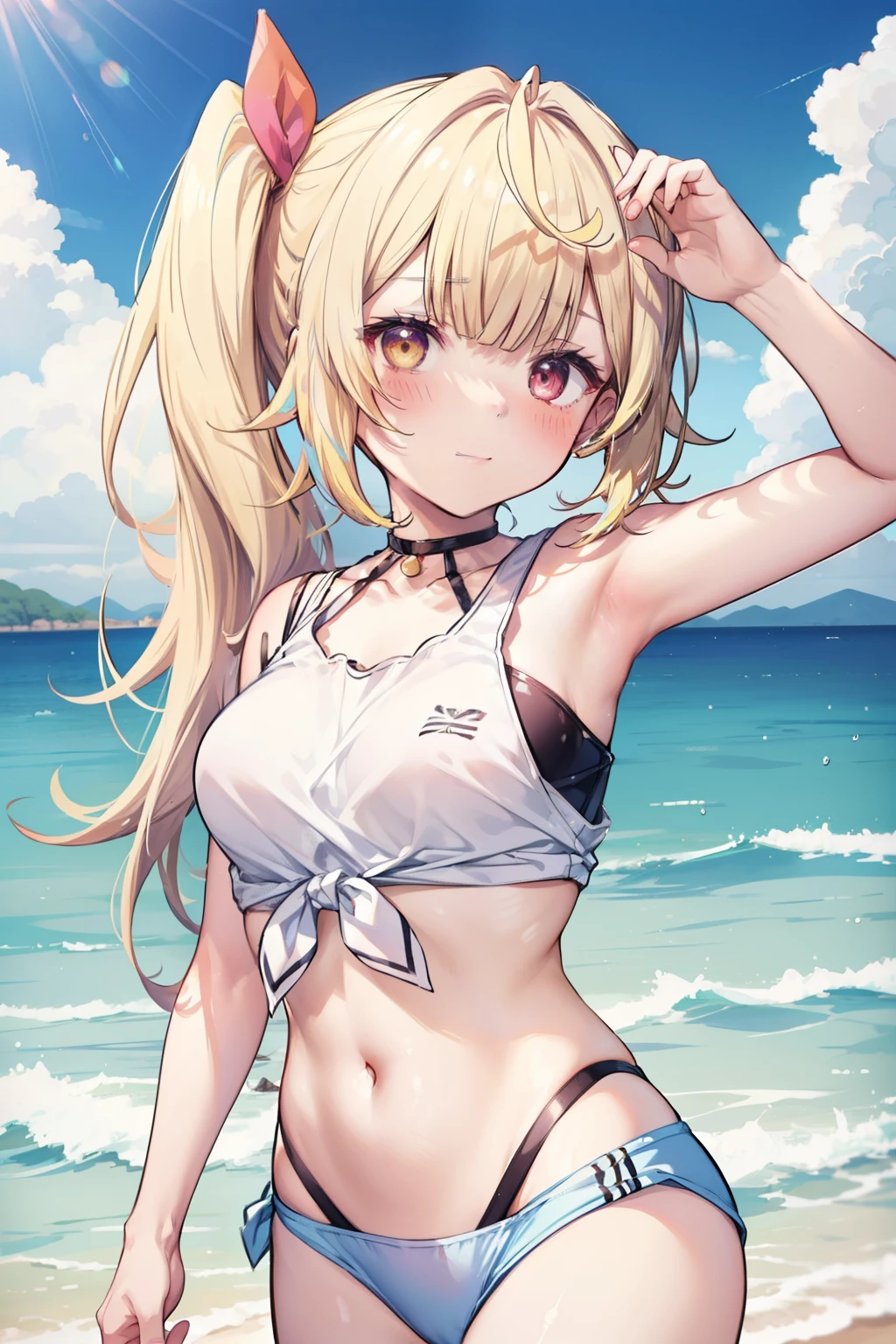 Hoshikawa Sara、Good looking girl (blush, Perfect Face), independent , Looking at the camera, masterpiece, Anime art style, Cute Characters, Most detailed, high quality、Nico Nico Smile、Swimwear、Coming to the sea、Showing armpits、Side Ponytail