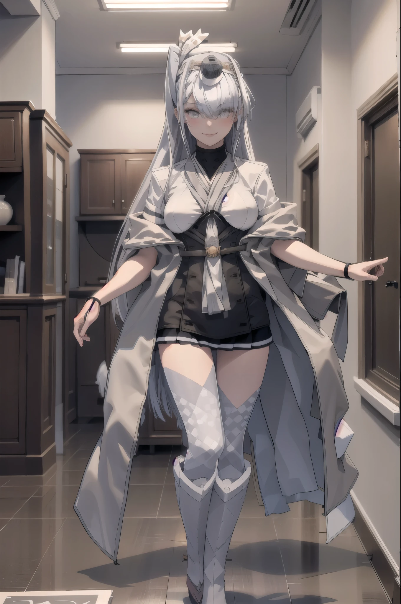 highest quality, masterpiece, High resolution,Perfect Anatomy,1 person fuyutsukiKC, (fuyutsuki) ,((Silver Hair))
smile,blush, (indoor, office, living room), 
((Full Body View)),