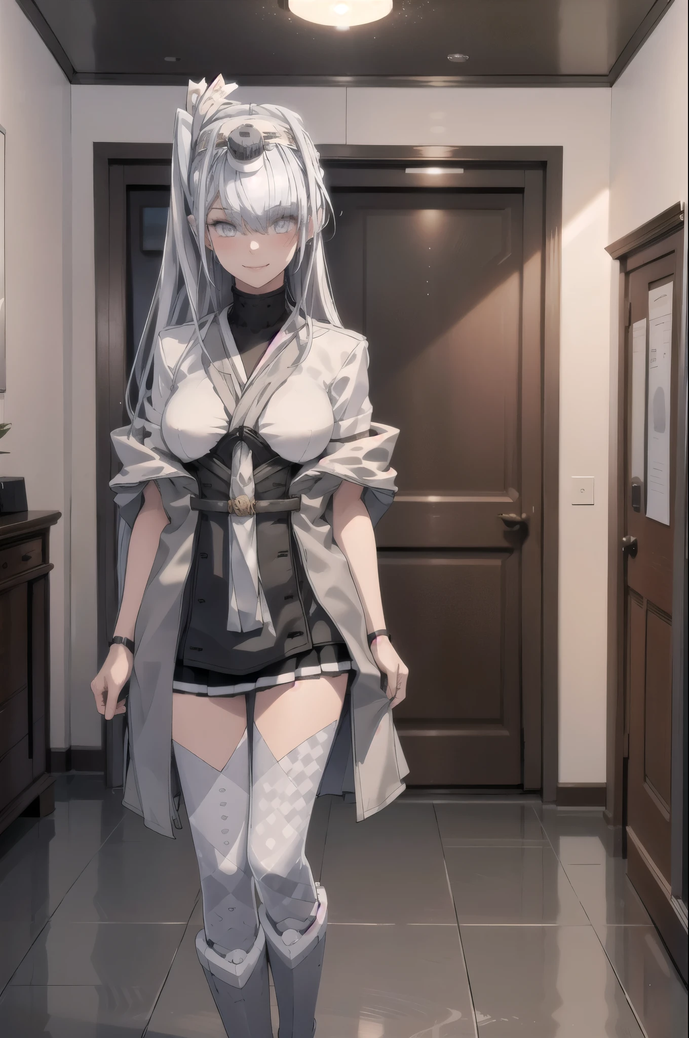 highest quality, masterpiece, High resolution,Perfect Anatomy,1 person fuyutsukiKC, (fuyutsuki) ,((Silver Hair))
smile,blush, (indoor, office, living room), 
((Full Body View)),