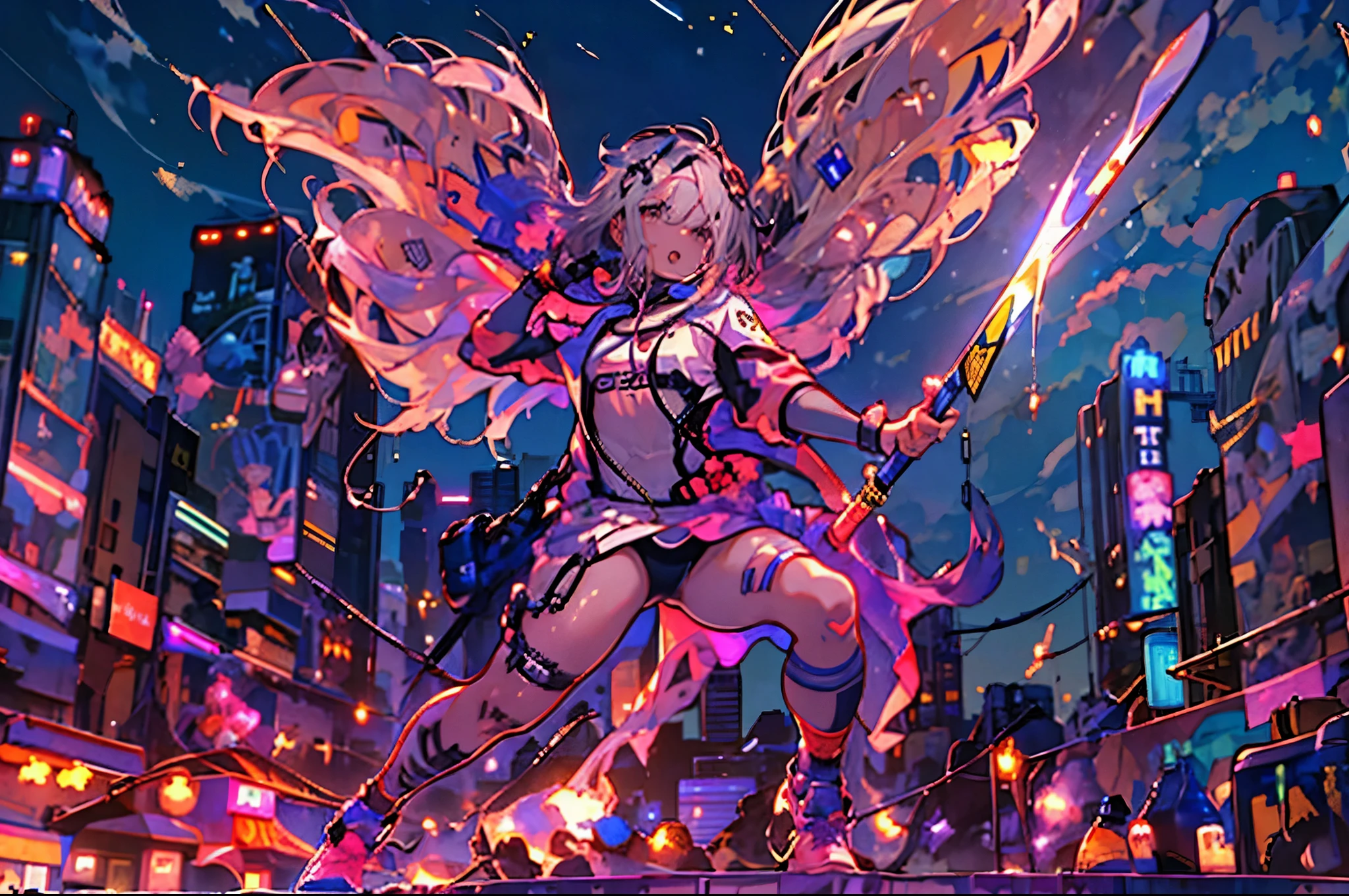(masterpiece, 4K resolution, Ultra-realistic, Very detailed), (zodiac knight theme, Charismatic, There's a girl on top of the city, Sagittarius knight in golden armor, She's a superhero), whole body, ((Fighting Pose),A show of force), ((Sandy urban environment):0.8)| (Cityscape, At night, Dynamic Light), (full moon))