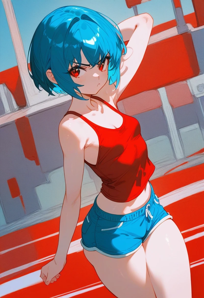 score_9, score_8_up, score_7_up, score_6_up, score_5_up, BREAK source_anime, rating_questionable, 1girl, , small breasts, blue hair, short hair, red eyes, scowl, red tank top, blue shorts, big ass, wide hips, thick thighs