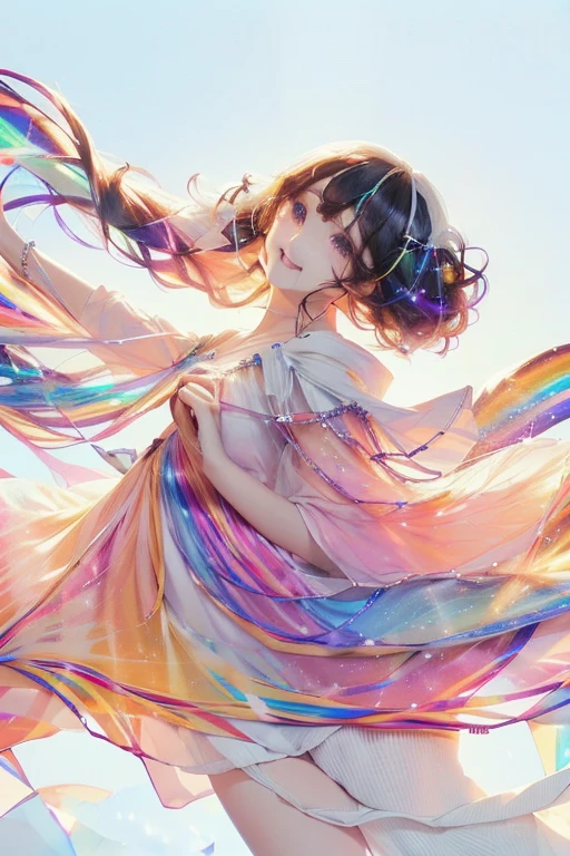 Fantasy, anime,Bright, (White background Plain white background:1.5),Girl,ager,Full body view,(((Rainbowless:1.5, Colorful Dresses, pastel, Rainbow Colors, Colorful))),short hair,Curly hair,Black Hair,Spiky Tiara, smile, Perfect Arms, Perfect Fingers