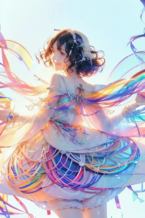 Fantasy, anime,Bright, (White background Plain white background:1.5),Girl,teenager,Full body view,(((Rainbowless:1.5, Colorful Dresses, pastel, Rainbow Colors, Colorful))),short hair,Curly hair,Black Hair,Spiky Tiara, smile, Perfect Arms, Perfect Fingers