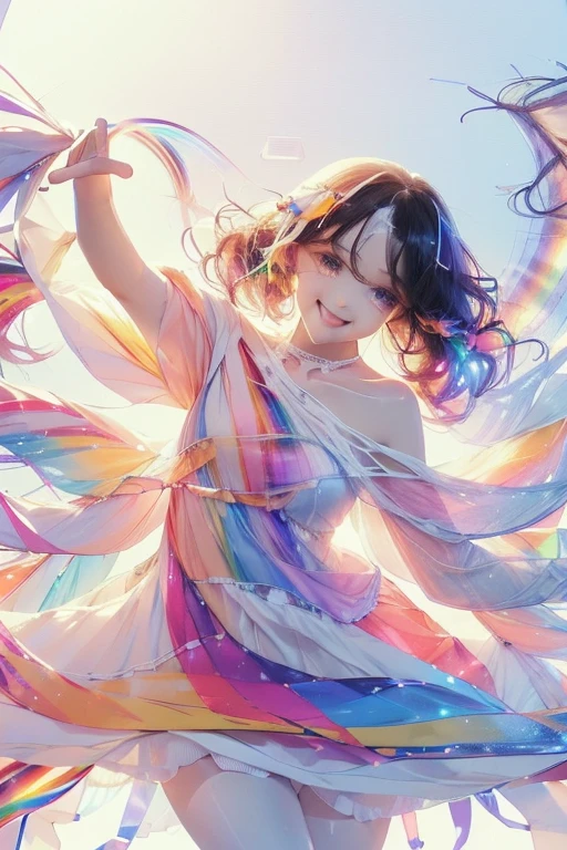 Fantasy, anime,Bright, (White background Plain white background:1.5),Girl,ager,Full body view,(((Rainbowless:1.5, Colorful Dresses, pastel, Rainbow Colors, Colorful))),short hair,Curly hair,Black Hair,Spiky Tiara, smile, Perfect Arms, Perfect Fingers