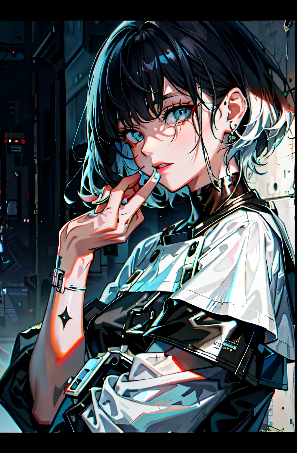 anime girl with black hair and piercings posing for a picture, anime style 4 k, portrait anime space cadet girl, digital cyberpunk anime art, anime art wallpaper 8 k, anime art wallpaper 4k, anime art wallpaper 4 k, cyberpunk anime girl, digital anime illustration, 4k anime wallpaper, digital anime art, anime cyberpunk art, anime wallpaper 4 k, white drips, paint splatters 