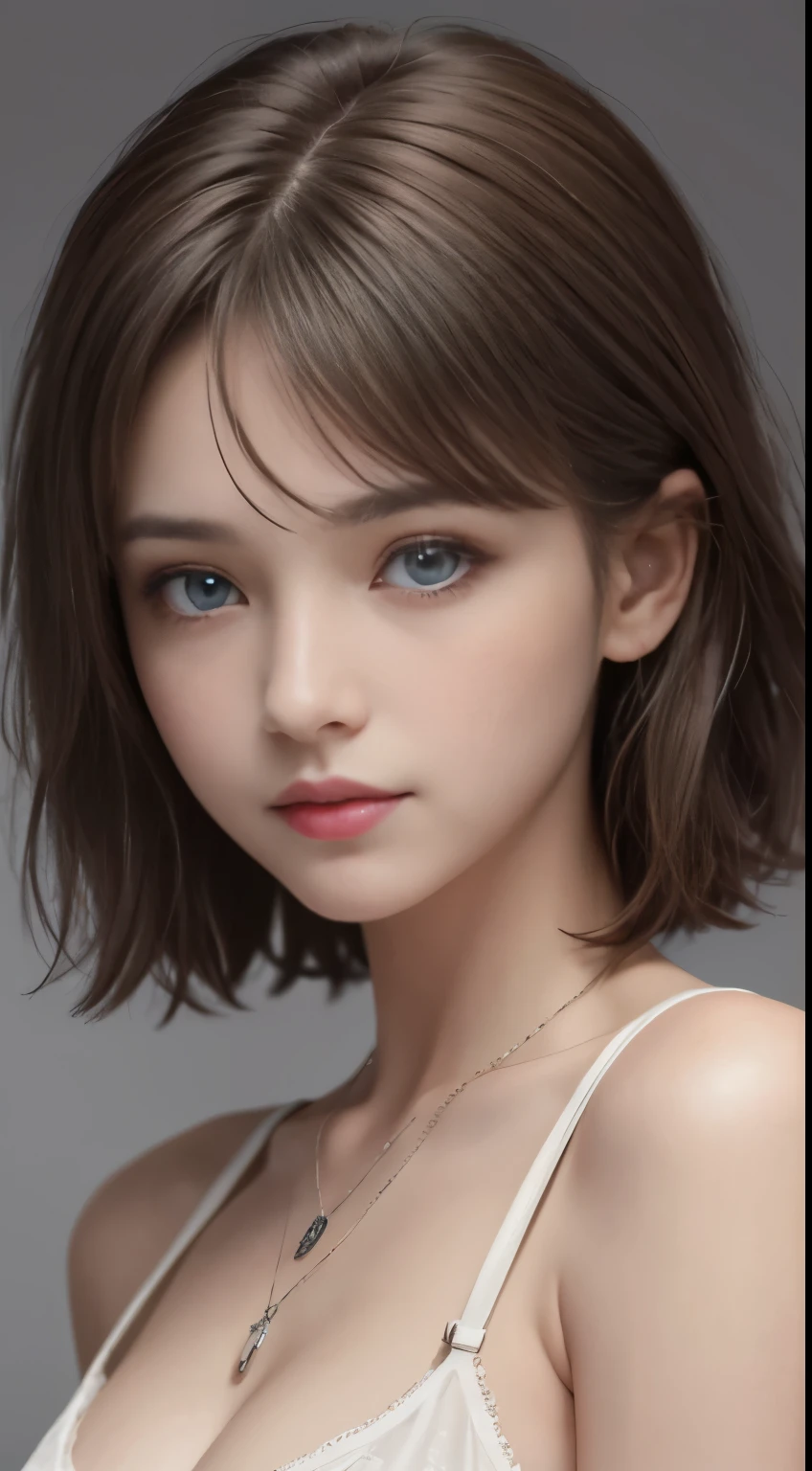 ,(((highest quality, 8k, masterpiece))), Sharp focus, (perfectionな体型を持つ美しい女性), thin, Cinema Lighting、perfection、Soft Light、High Resolution Skins:1.3、Realistic skin texture、20 year old、Small face、No makeup、short hair、Dark brown hair、Beautiful eyes in every detail、Bust B cup、Wearing a pendant、Slim figure、Gray background、