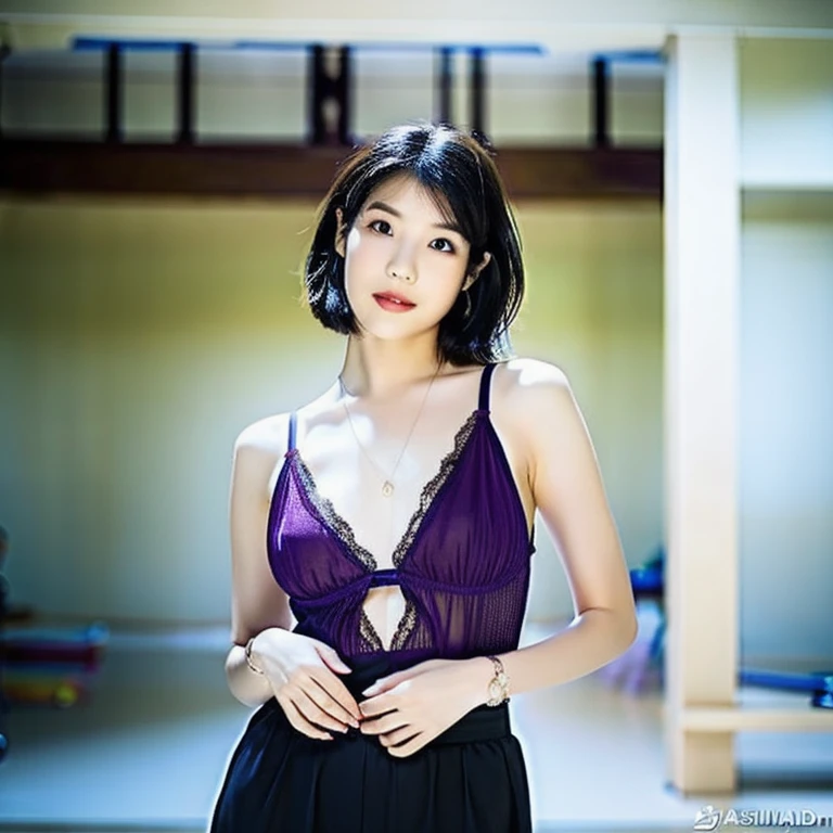 (highest quality, 8k, 32k, masterpiece, Ultra-high resolution:1.2),Beautiful Japanese Women Photos, Small breasts, very short bob hair, Arabian Asian woman in blue lingerie leaning against a door, Gorgeous female jade tailor, photo from a promotional shoot, Promotional Photos, photo shoot, Full body portrait shot, Leaning against the door, Violet Myers, promotional shoot, Basiatlan, Casual pose, Full body photo, young asian girl, cute, Profile photo, Full body close-up shot