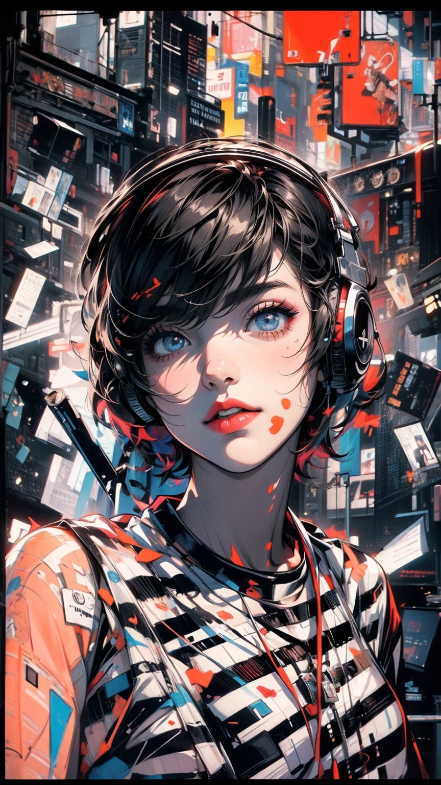 (masterpiece, High resolution, highest quality), Composition from head to thighs:1.3, Upper body focus, 20-year-old woman, short hair, Avant-garde makeup, fashionable, Headphones, Disorganized, Musical notes collage, abstract design, artistic juxtapositions, Black Background, mixed-media approach, Anime Style, Simple lines, Digital Painting,