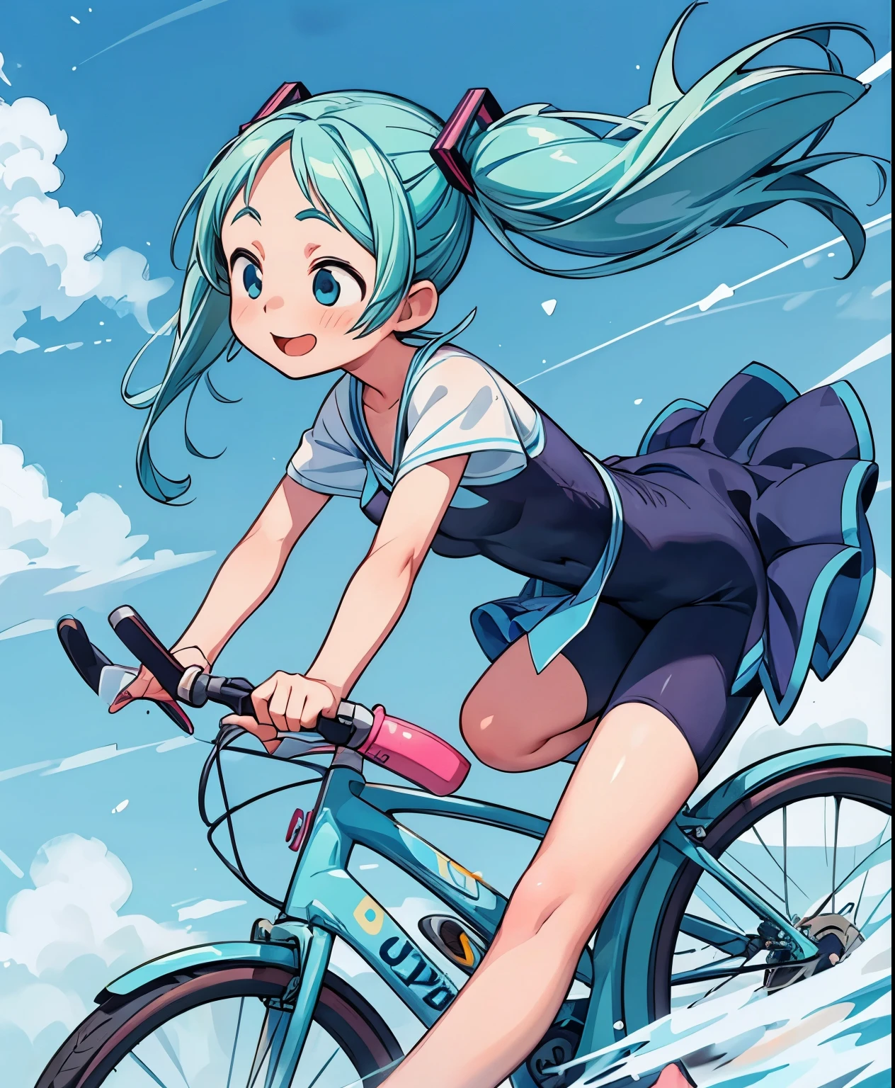 (masterpiece、highest quality、highest quality、Official Art、Beautiful and beautiful:1.2)、(One girl:1.3)Hatsune Miku、Twin tails,Big Breasts, Long light blue hair, blue eyes and eyebrows, Erio Towa, Ride a bike with other people , Pedaling pose, smile, artstation pixivでトレンド, ArtStation Pixi の Artgerm