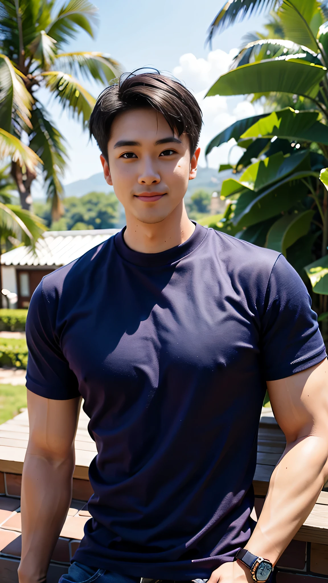 1 male model, smile, (Wear a navy round neck T-shirt.), Jeans, Korean people , korean men, (high glossy details), looking at the audience, Balancing the eyes, chest muscles, large arm muscles,, The backdrop is a garden.