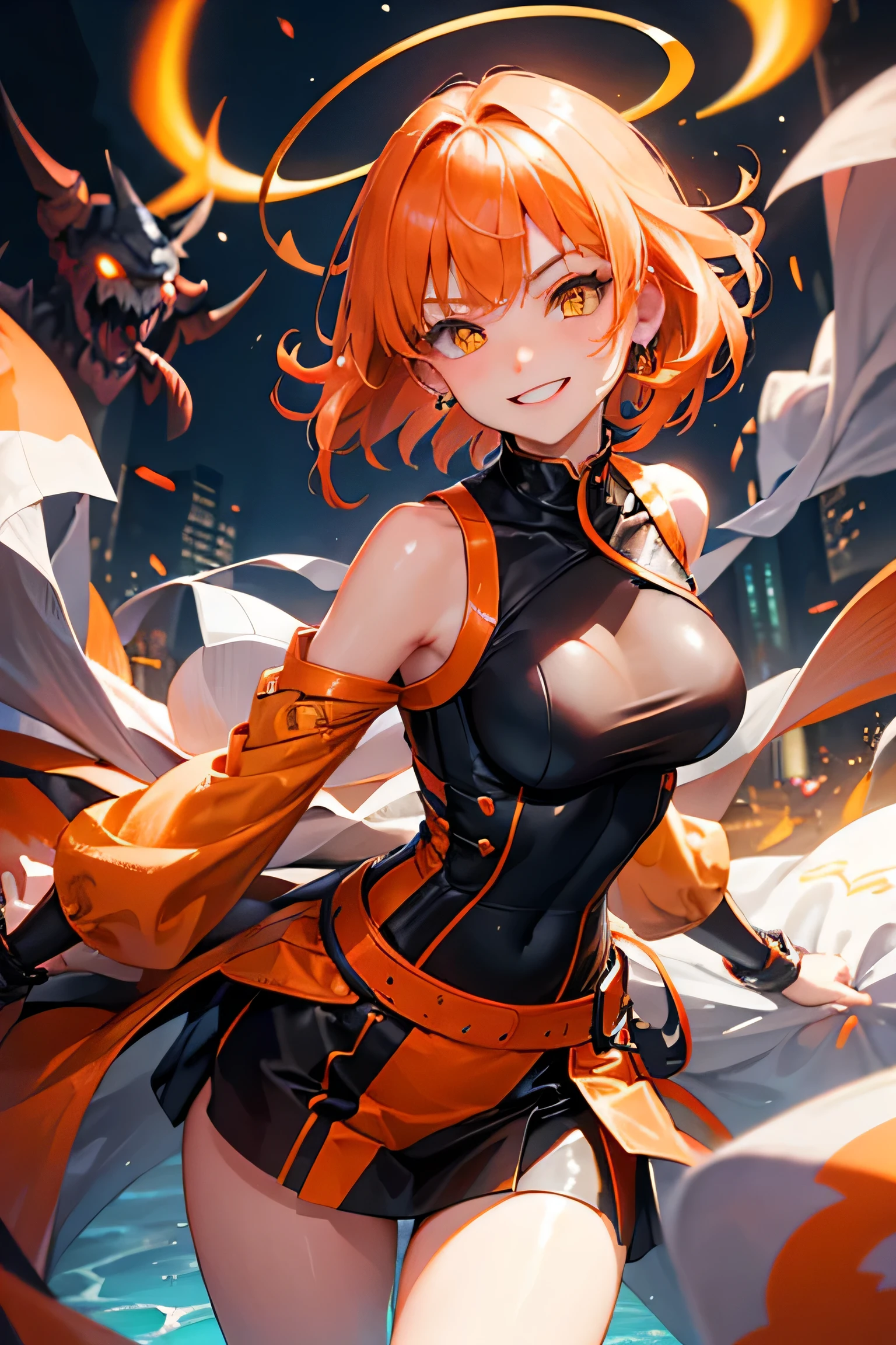 (Best quality, highest resolution, raytracing, 8k,ultra high details, 1 girl, solo), fancy belt, (orange hair, emerald eyes, gorgeous black armour), dragon-themed armour, (bodystocking, sideboob, crazy look, psychotic smile, blood-themed background) , looking at viewer
