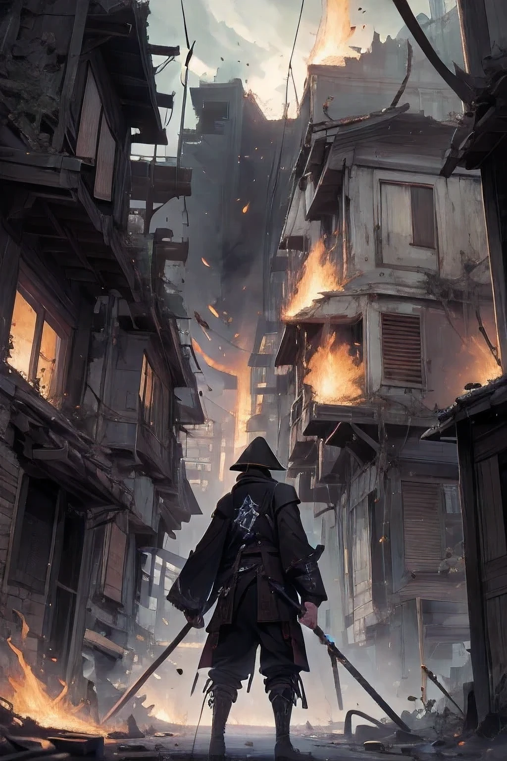 a swordsman, black long-sleeved hanfu, samurai, burly build, nigth, best qualtiy, ultra-long viewing angle, turn your head to look at a person, back shadow, wield a sword, a sword surrounded by red flames, from below, look up, ruined suburbs, dilapidated old house, background inside dark, sword-wielding,