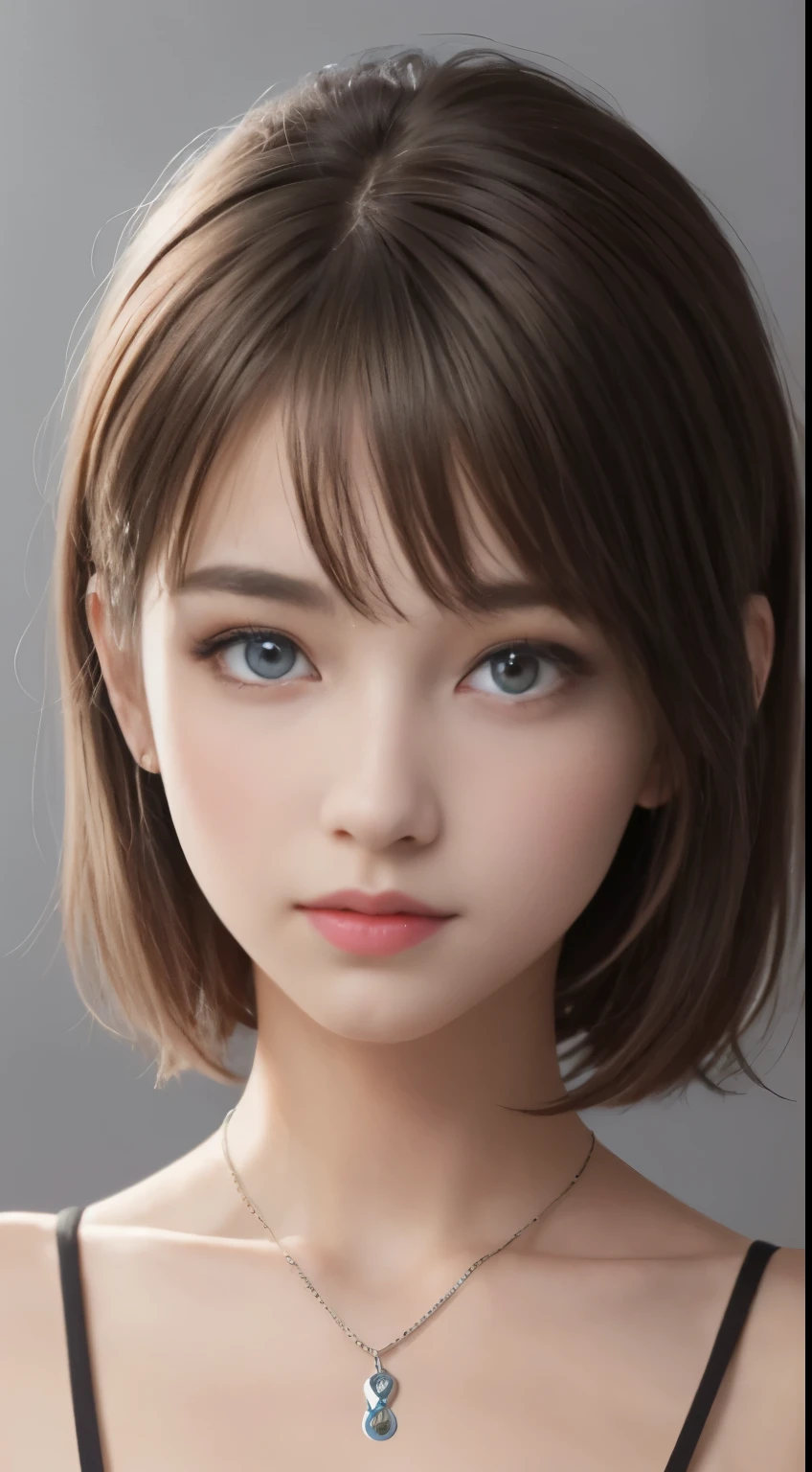 ,(((highest quality, 8k, masterpiece))), Sharp focus, (perfectionな体型を持つ美しい女性), thin, Cinema Lighting、perfection、Soft Light、High Resolution Skins:1.3、Realistic skin texture、20 year old、Small face、No makeup、short hair、Dark brown hair、Beautiful eyes in every detail、Bust B cup、Wearing a pendant、Slim figure、Gray background、